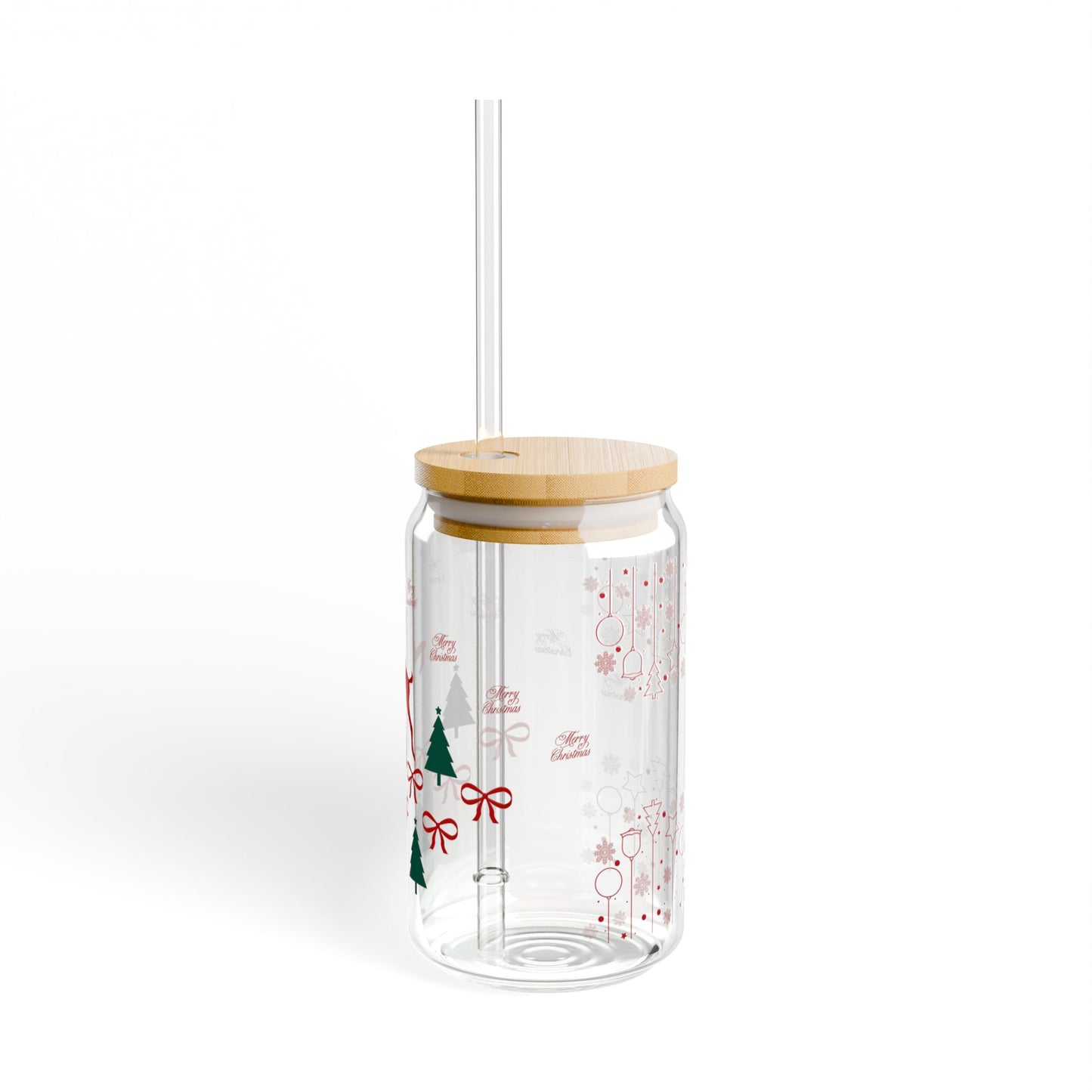 Festive Reindeer Holiday 16oz Sipper Glass, Red Ribbons, Green Christmas Trees, and Bamboo Lid, Perfect Gift for the Holidays