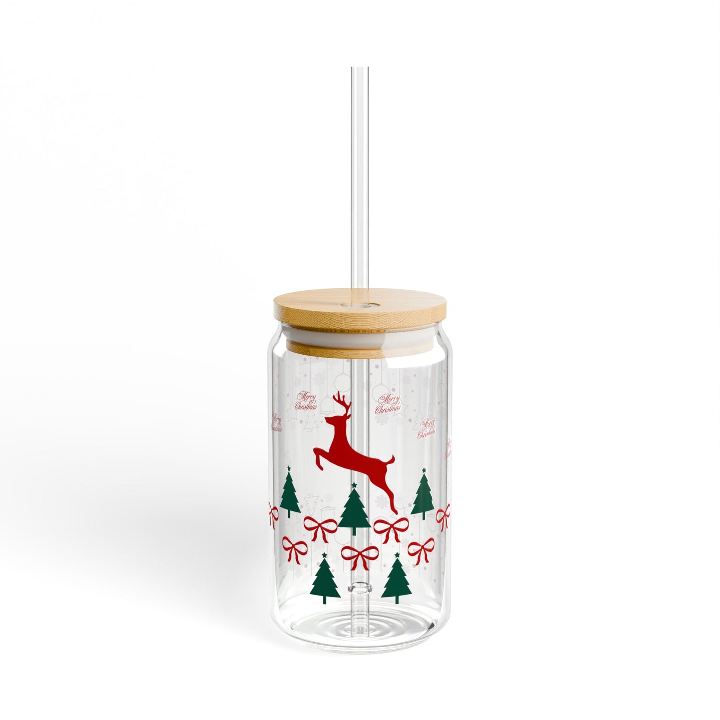Festive Reindeer Holiday 16oz Sipper Glass, Red Ribbons, Green Christmas Trees, and Bamboo Lid, Perfect Gift for the Holidays