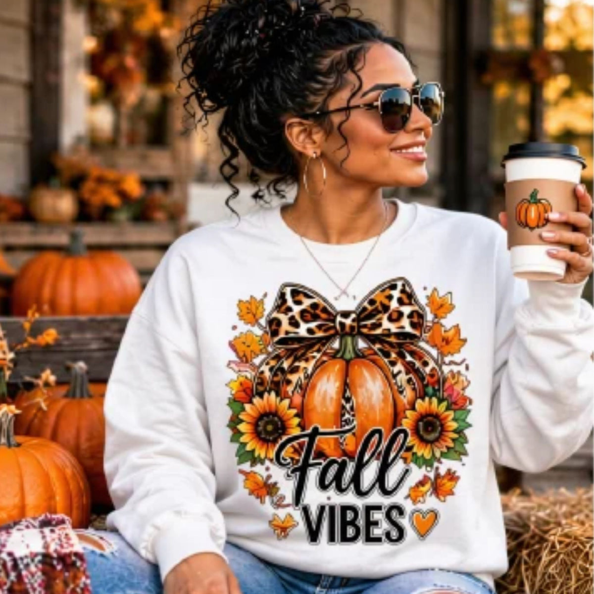 Sweatshirt - Fall Vibes Leopard Print Pumpkin Sweatshirt | Cute Autumn Graphic Crewneck