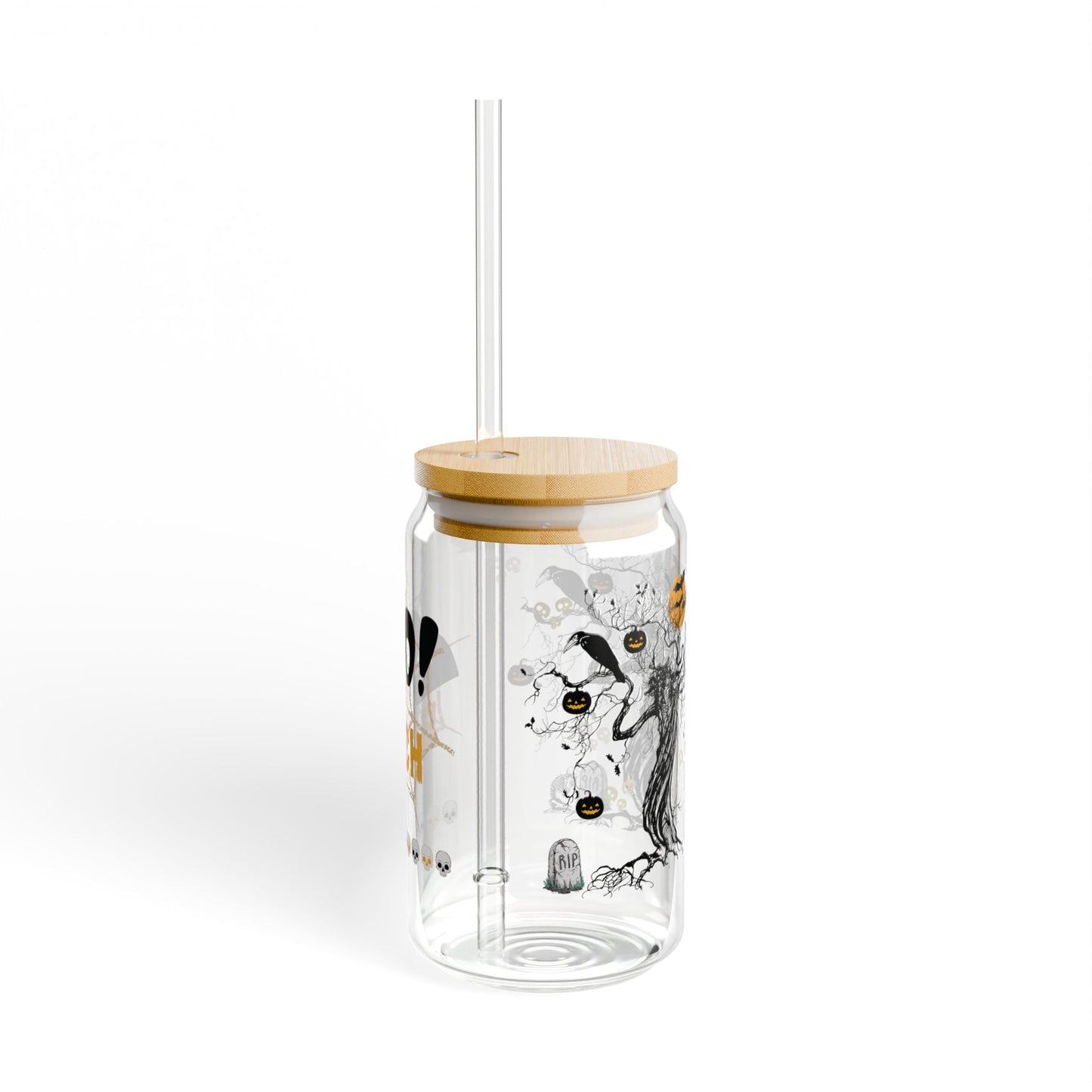 Cute Spooky Halloween Inspired Sipper Glass with Bamboo Lid Straw Tumbler Mug for beverages and drinks