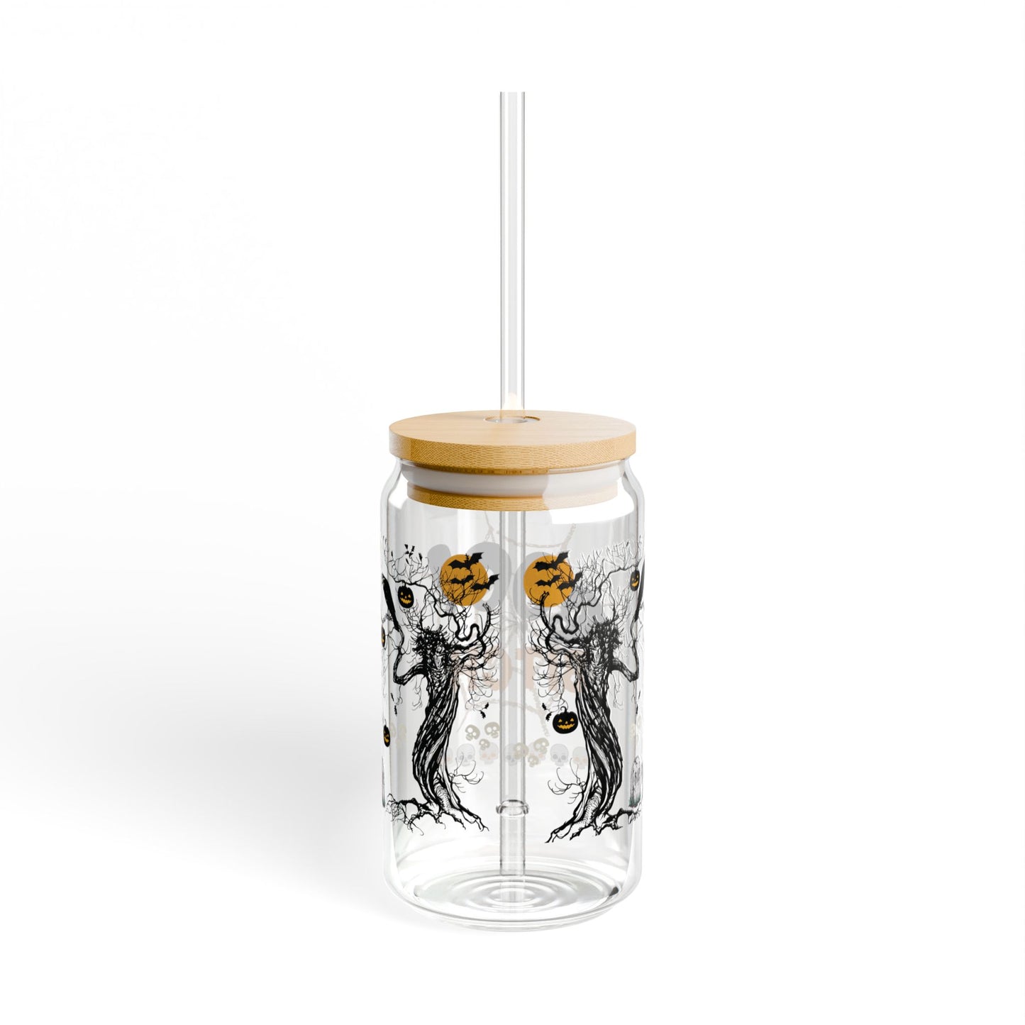 Cute Spooky Halloween Inspired Sipper Glass with Bamboo Lid Straw Tumbler Mug for beverages and drinks