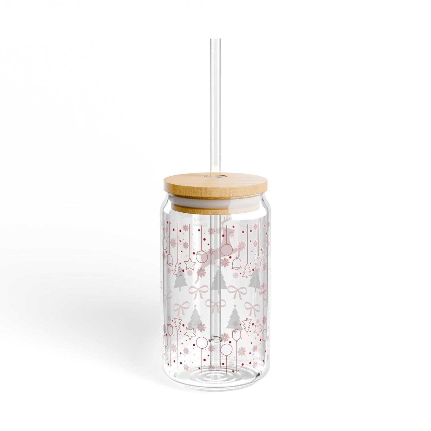 Festive Reindeer Holiday 16oz Sipper Glass, Red Ribbons, Green Christmas Trees, and Bamboo Lid, Perfect Gift for the Holidays