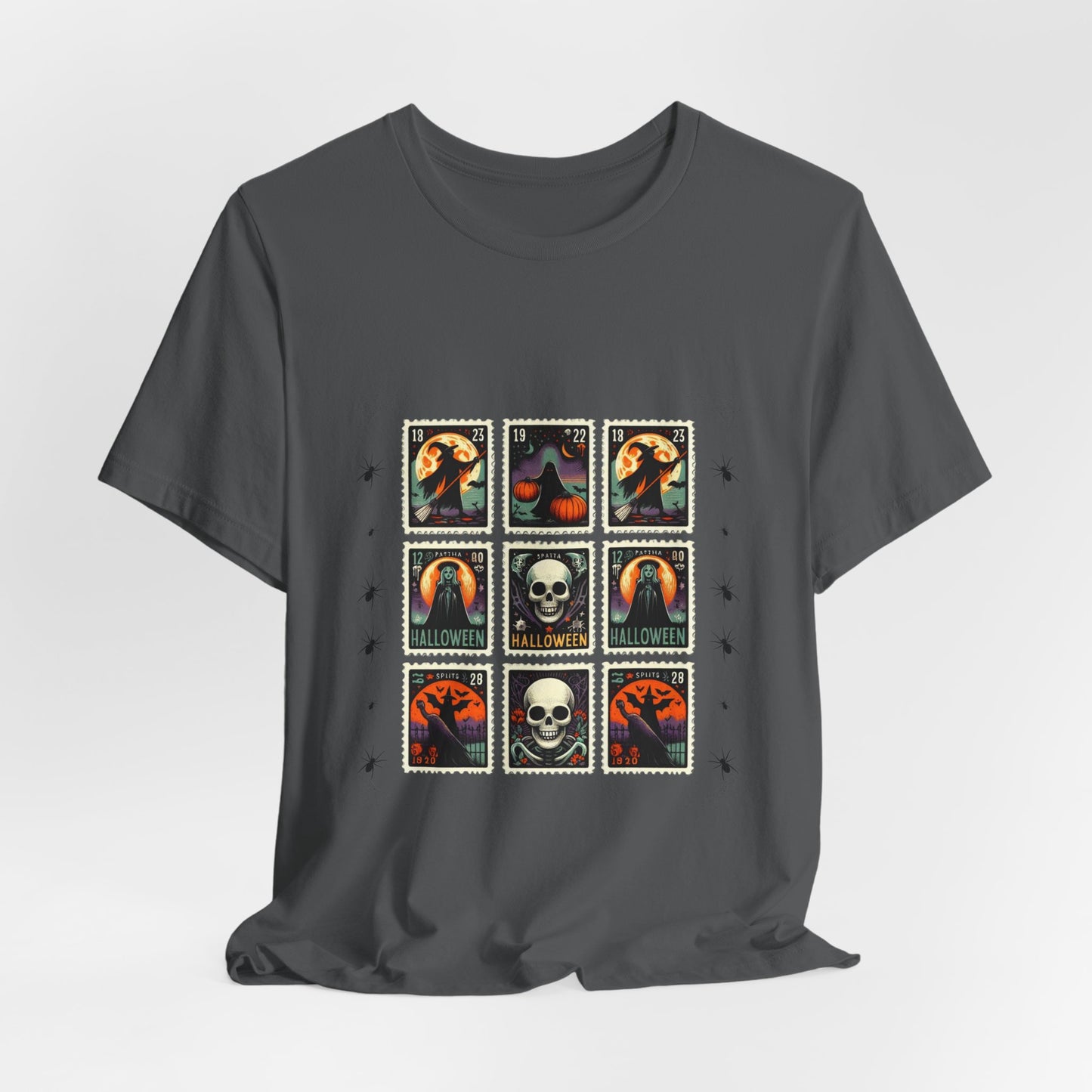 Vintage Halloween Stamp Shirt, Retro Spooky Postage Graphic Tee, Skeleton Raven Pumpkin Halloween T-Shirt