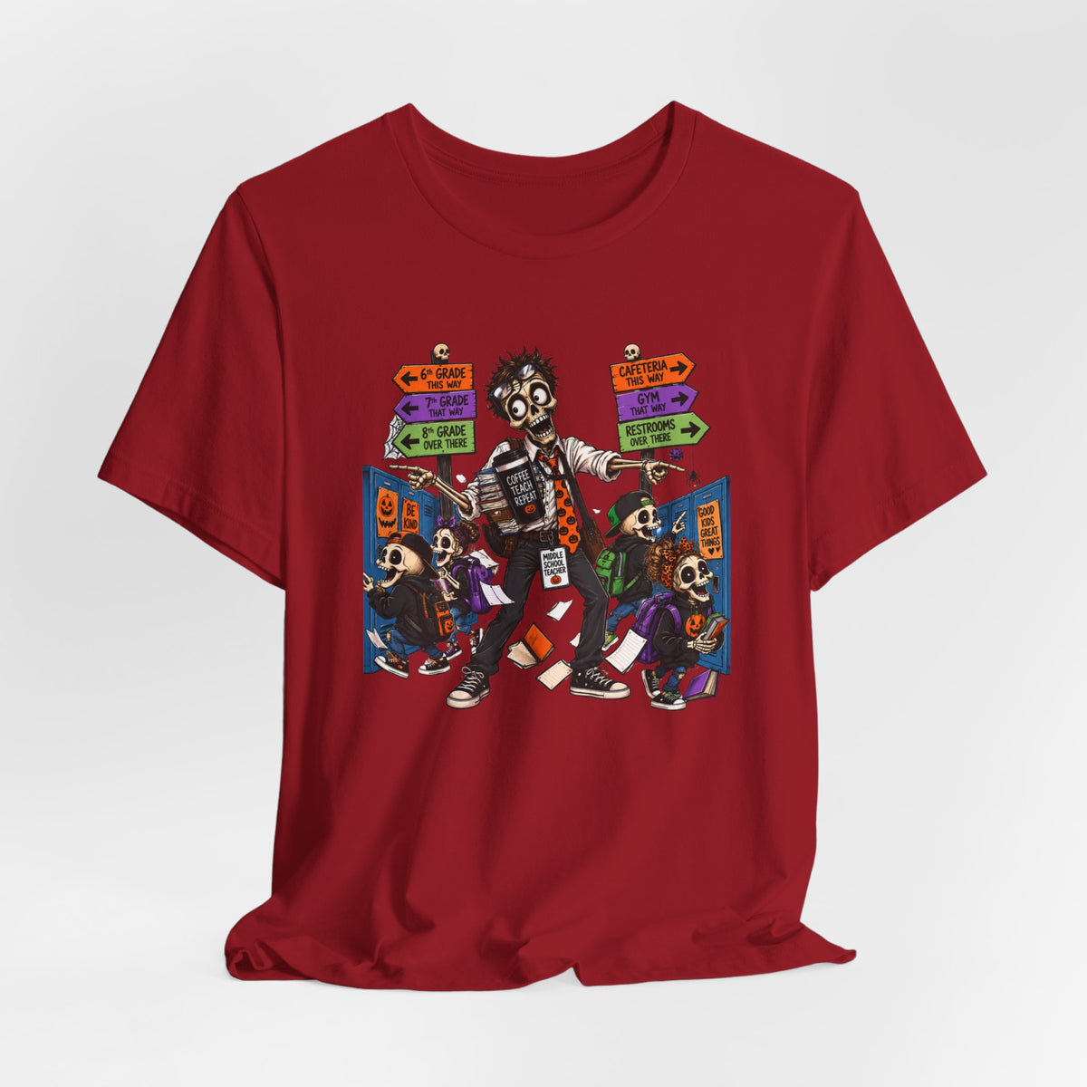 Male Middle School Teacher Halloween Skeleton Shirt – Coffee Teach Repeat Classroom Chaos Tee