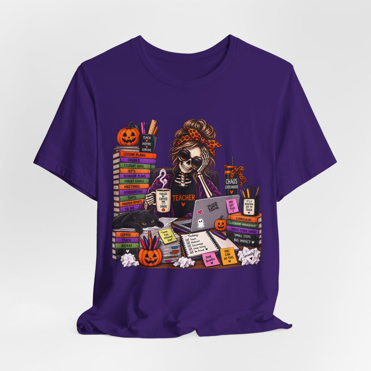 Teacher Halloween Shirt – Fueled by Coffee & Chaos Skeleton Teacher Tee