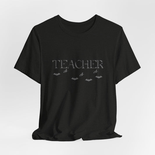 Teacher Halloween Shirt | Spooky Teacher Tee | Witch & Bat Teacher Graphic | Black and Gray Halloween Teacher T-Shirt