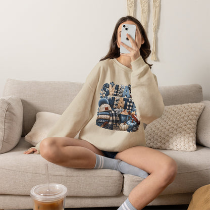 Blue Sweater Weather Shirt – Crochet Knit Fall Graphic Tee, Leopard Print Pumpkin & Coffee Design