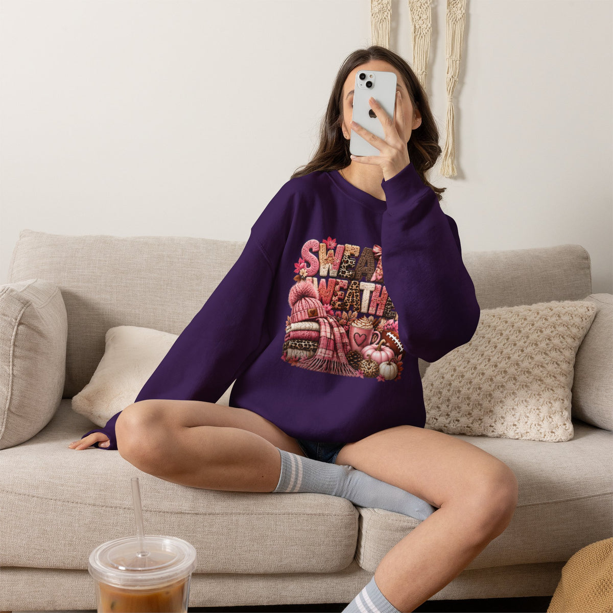 Pink Sweater Weather Shirt – Crochet Knit Fall Graphic Tee, Leopard Print Pumpkin & Coffee Design