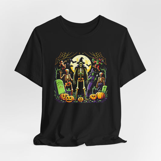 Retro Halloween Skeleton & Witch T-Shirt – Vintage Spooky Graveyard Graphic Tee