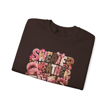 Pink Sweater Weather Shirt – Crochet Knit Fall Graphic Tee, Leopard Print Pumpkin & Coffee Design