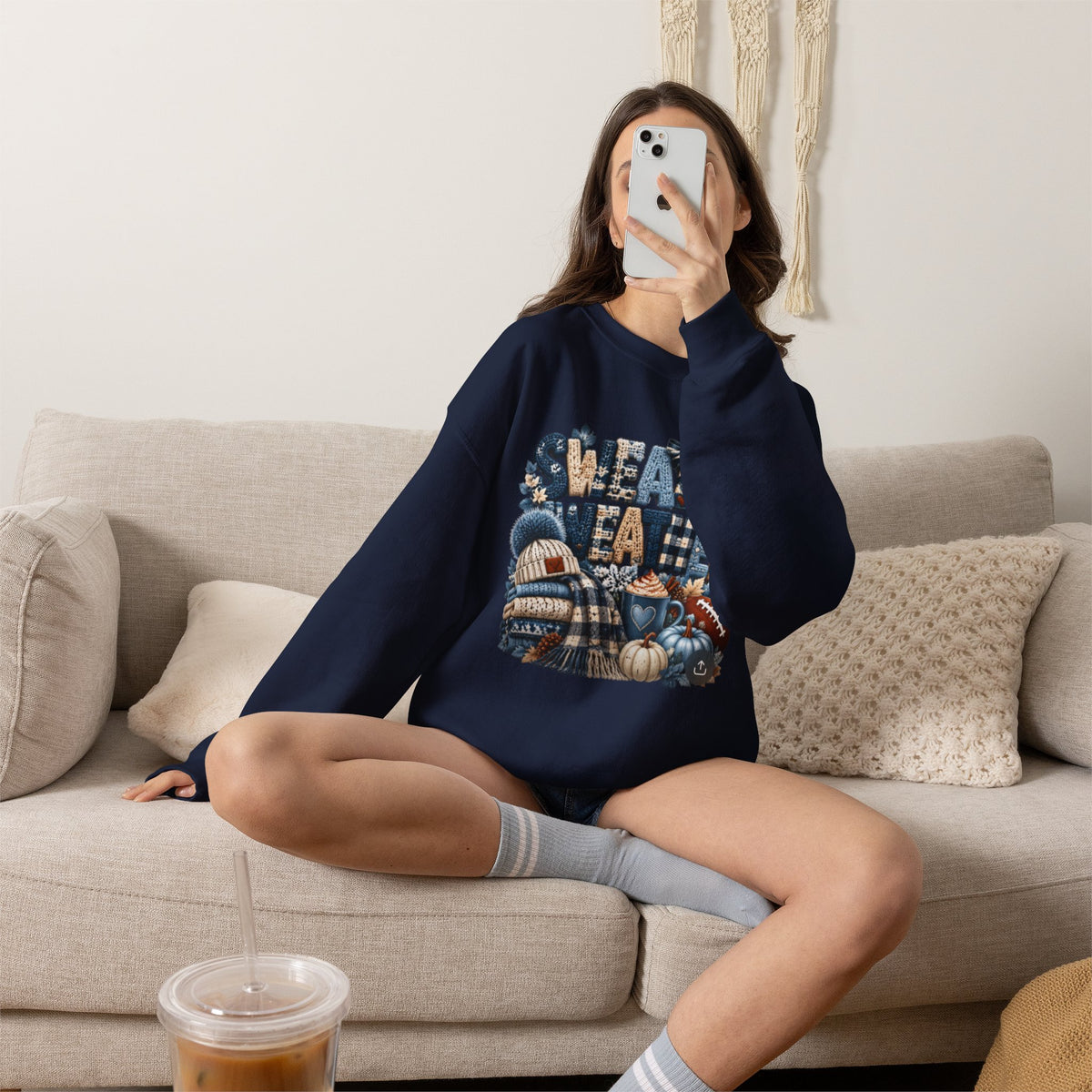 Blue Sweater Weather Shirt – Crochet Knit Fall Graphic Tee, Leopard Print Pumpkin & Coffee Design