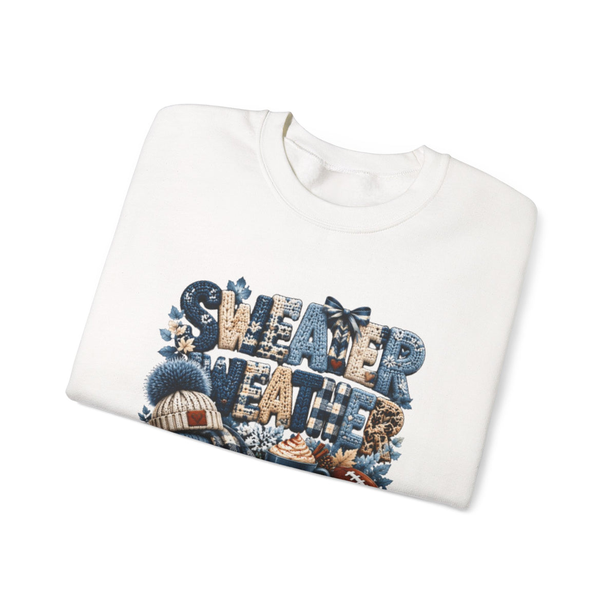 Blue Sweater Weather Shirt – Crochet Knit Fall Graphic Tee, Leopard Print Pumpkin & Coffee Design