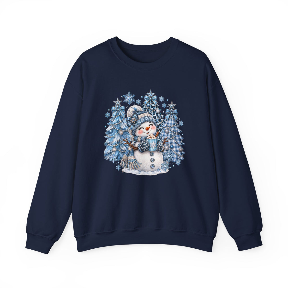 Cozy Blue Christmas Snowman Sweatshirt – Hot Cocoa, Leopard & Gingham Winter Trees