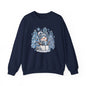 Cozy Blue Christmas Snowman Sweatshirt – Hot Cocoa, Leopard & Gingham Winter Trees