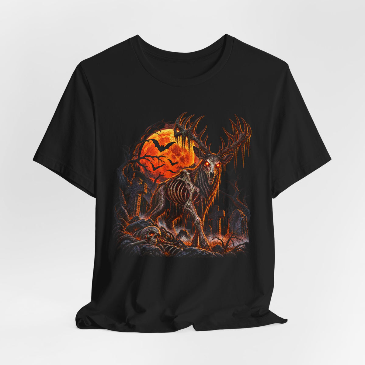Haunted Buck Halloween T-Shirt – Undead Deer Graveyard Horror Tee