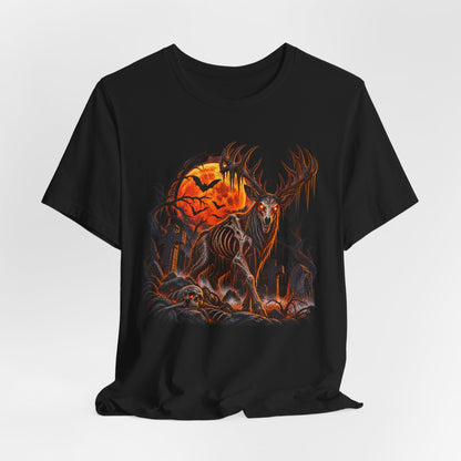 Haunted Buck Halloween T-Shirt – Undead Deer Graveyard Horror Tee