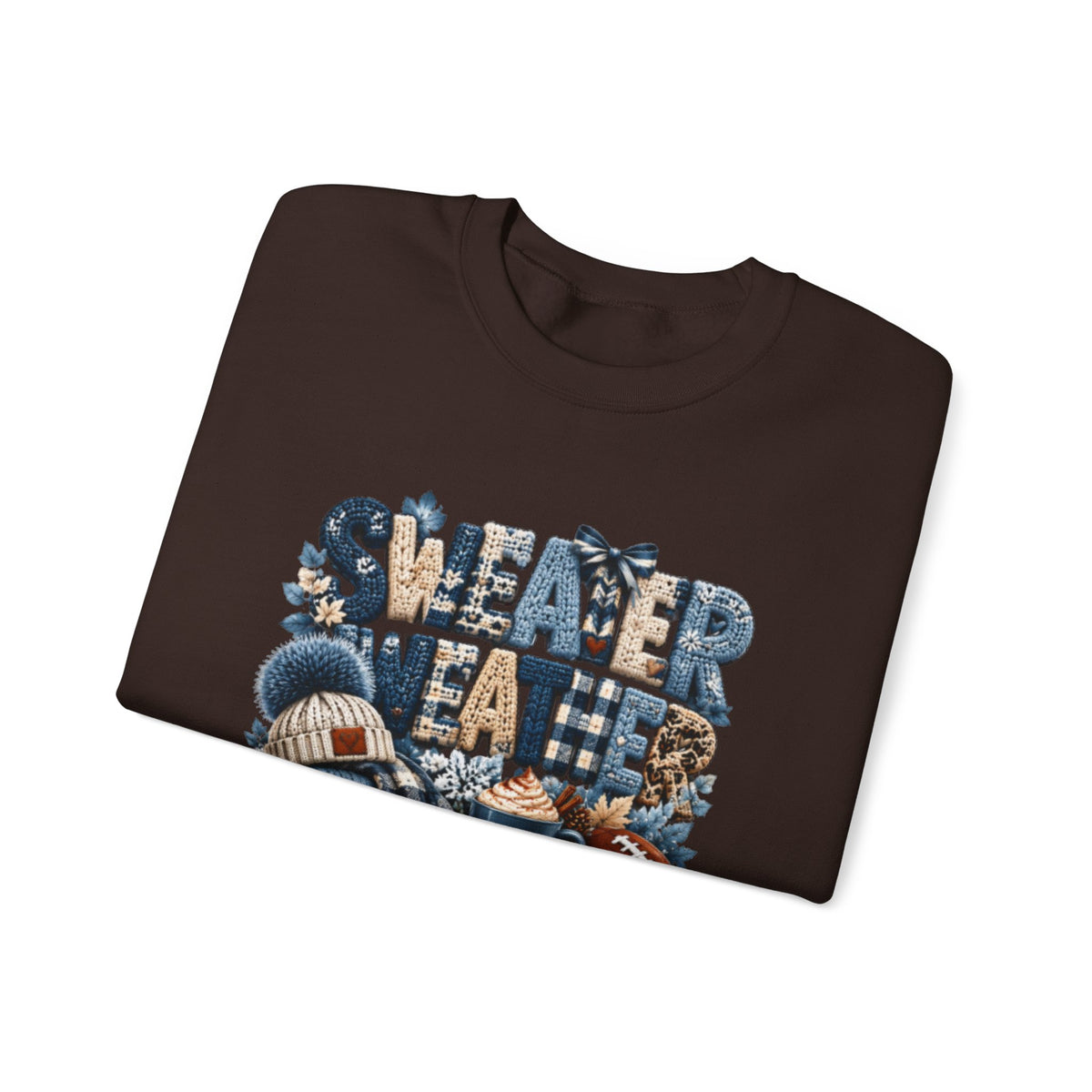 Blue Sweater Weather Shirt – Crochet Knit Fall Graphic Tee, Leopard Print Pumpkin & Coffee Design