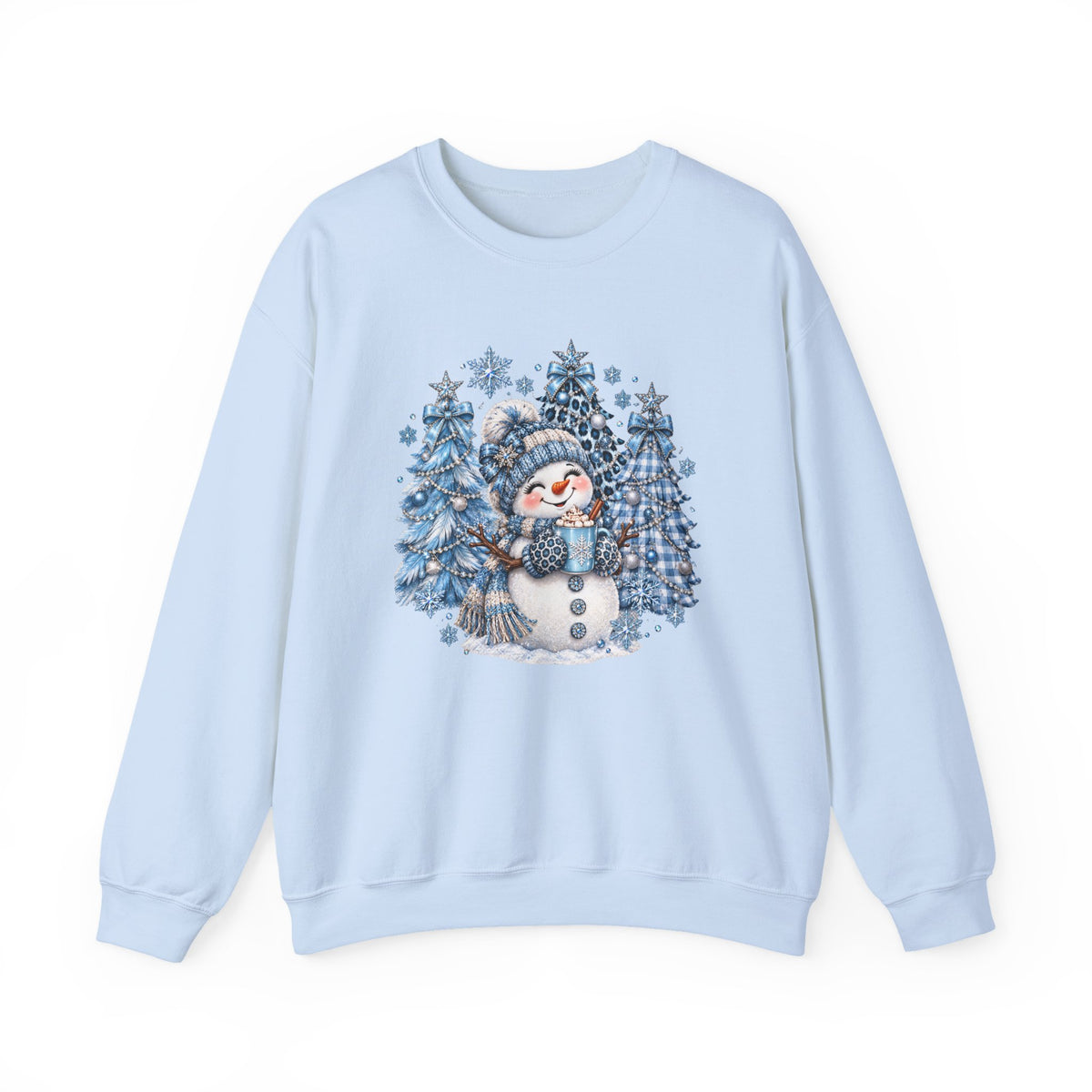 Cozy Blue Christmas Snowman Sweatshirt – Hot Cocoa, Leopard & Gingham Winter Trees