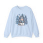 Cozy Blue Christmas Snowman Sweatshirt – Hot Cocoa, Leopard & Gingham Winter Trees