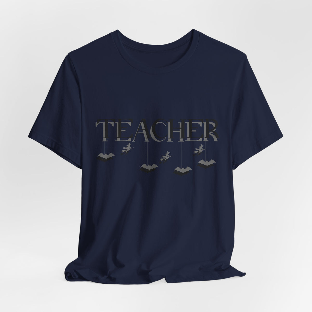 Teacher Halloween Shirt | Spooky Teacher Tee | Witch & Bat Teacher Graphic | Black and Gray Halloween Teacher T-Shirt