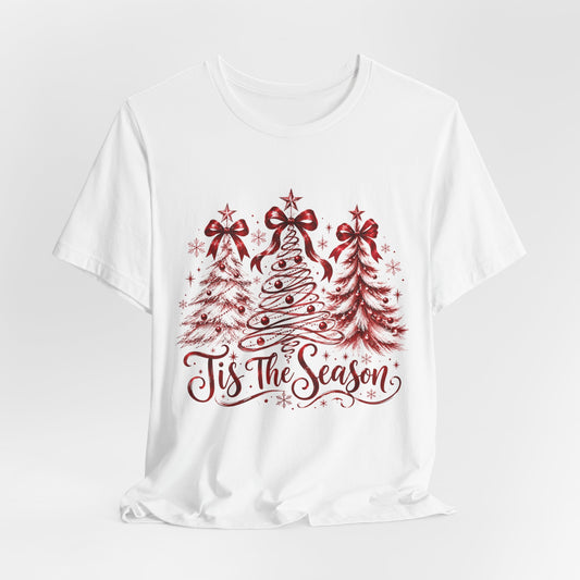 Tis The Season Christmas Tree - Red Trees with Bow - Holiday Tee