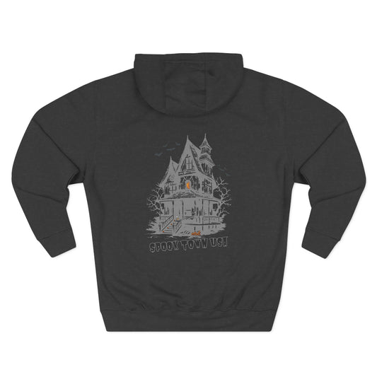 Spook Town USA Halloween Hoodie, Gray Picture, Skeleton Back Print Sweatshirt, Spooky Season Graphic Hoodie, Halloween Streetwear