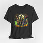 Retro Halloween Skeleton & Witch T-Shirt – Vintage Spooky Graveyard Graphic Tee