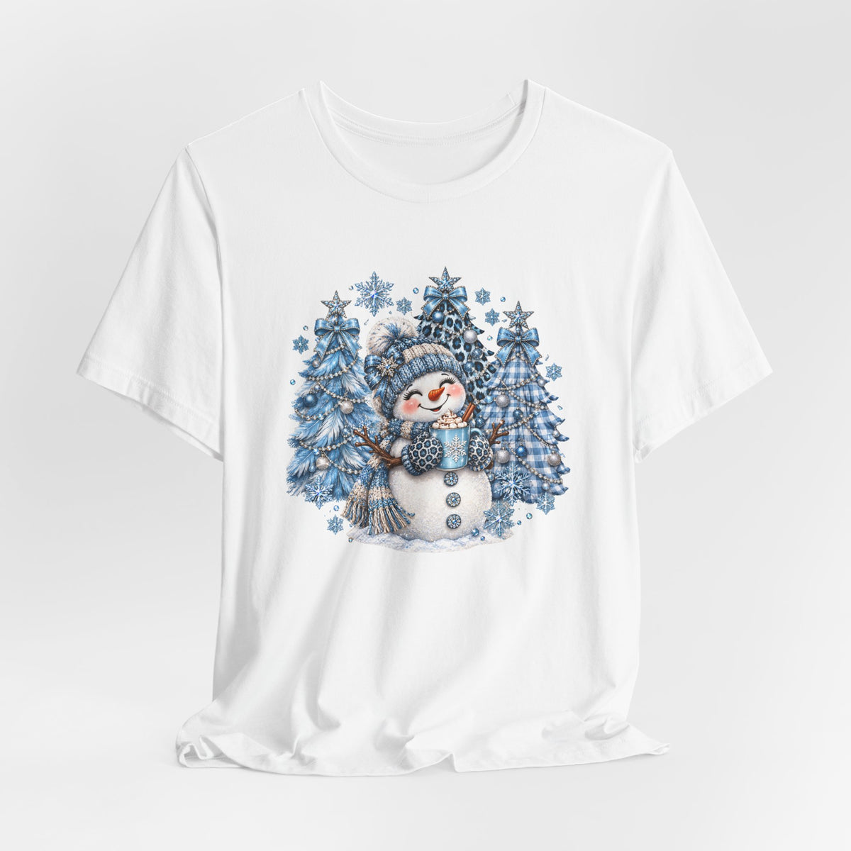 Cozy Blue Christmas Snowman TEE – Hot Cocoa, Leopard & Gingham Winter Trees
