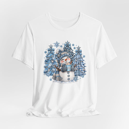 Cozy Blue Christmas Snowman TEE – Hot Cocoa, Leopard & Gingham Winter Trees