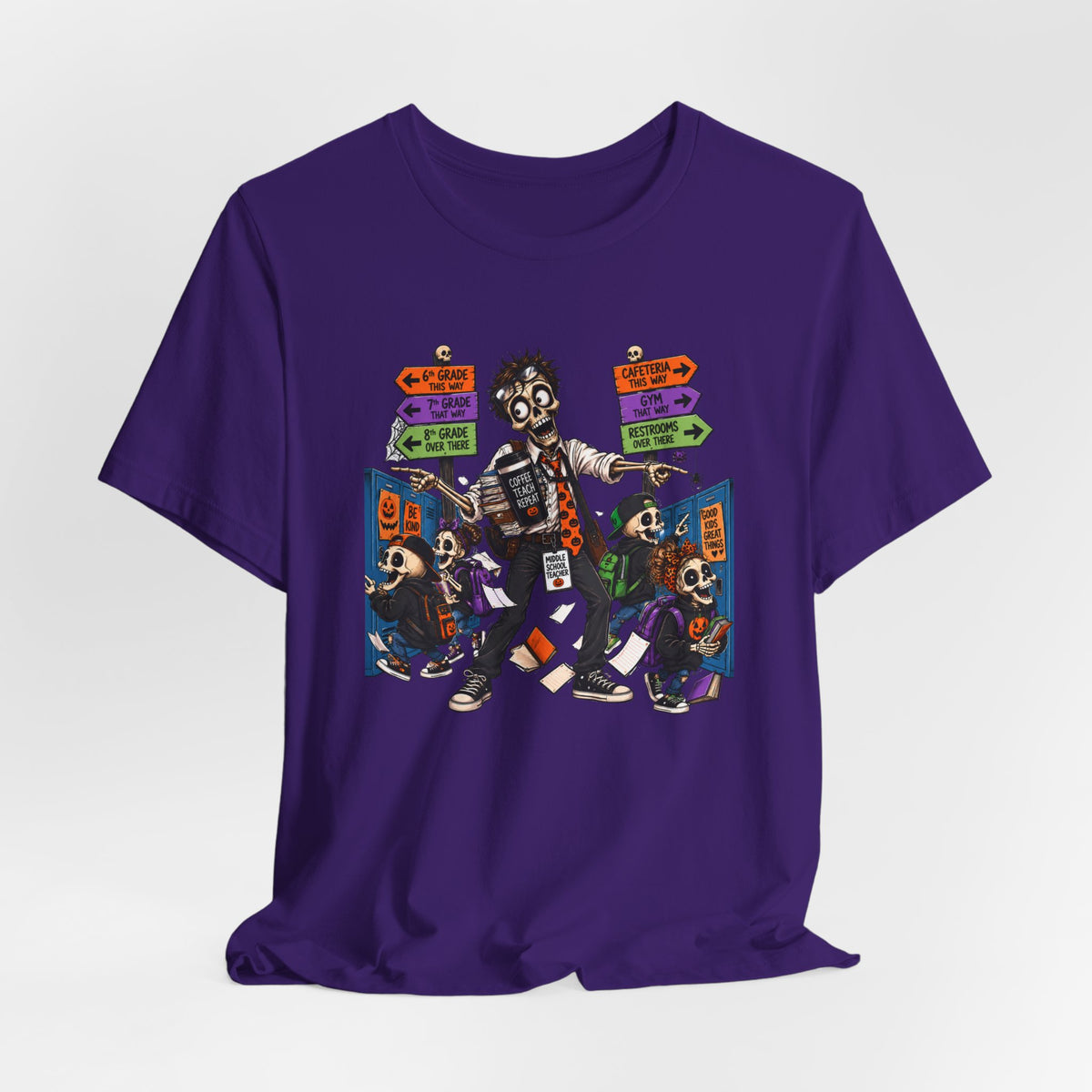 Male Middle School Teacher Halloween Skeleton Shirt – Coffee Teach Repeat Classroom Chaos Tee