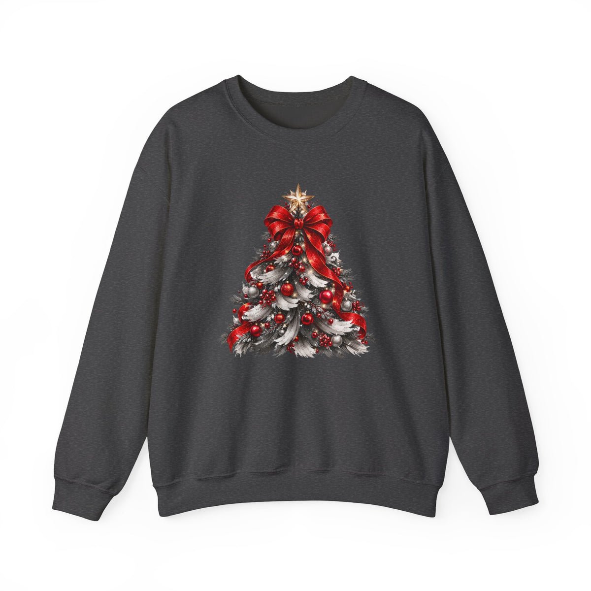 Festive Christmas Tree Sweatshirt – Red Bow & Ornament Holiday Crewneck