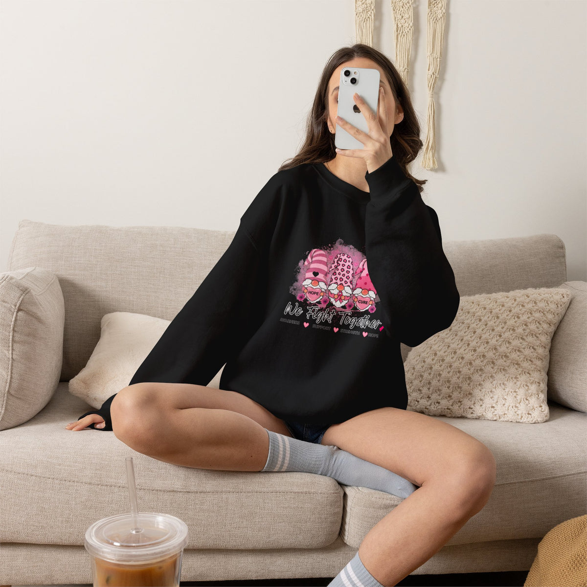 Breast Cancer Awareness Gnomes Crewneck Sweatshirt – 'We Fight Together' Pink Ribbon Design