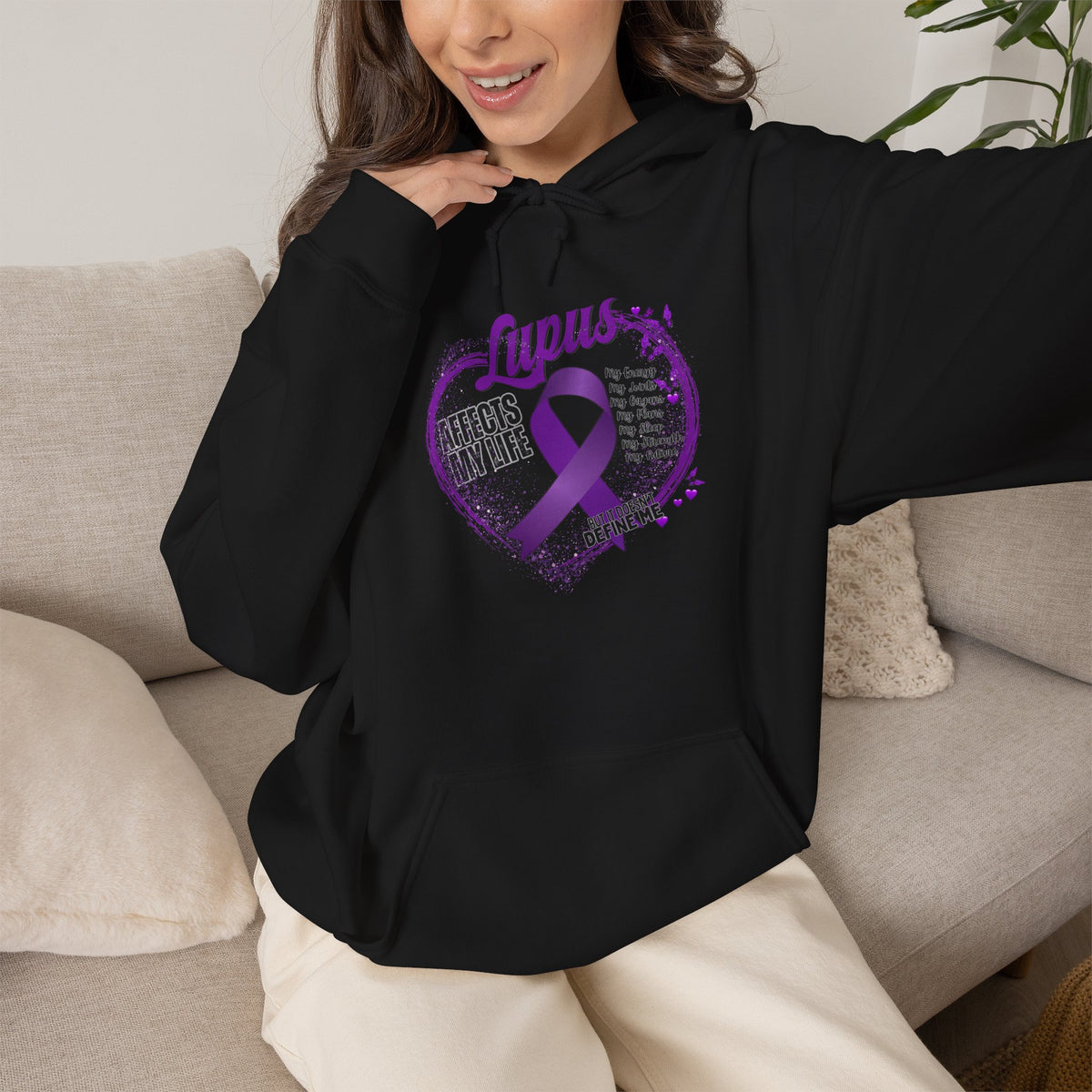 Lupus Awareness Hoodie — Purple Ribbon Heart "Affects My Life"