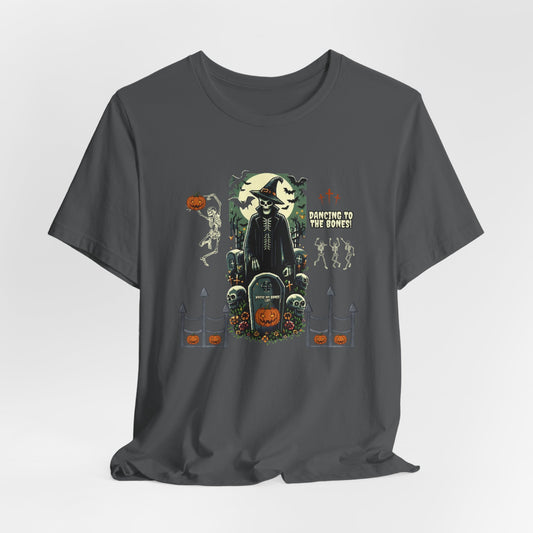 Dancing to the Bones Halloween Tee – Vintage Skeleton Graveyard Back Print Crewneck