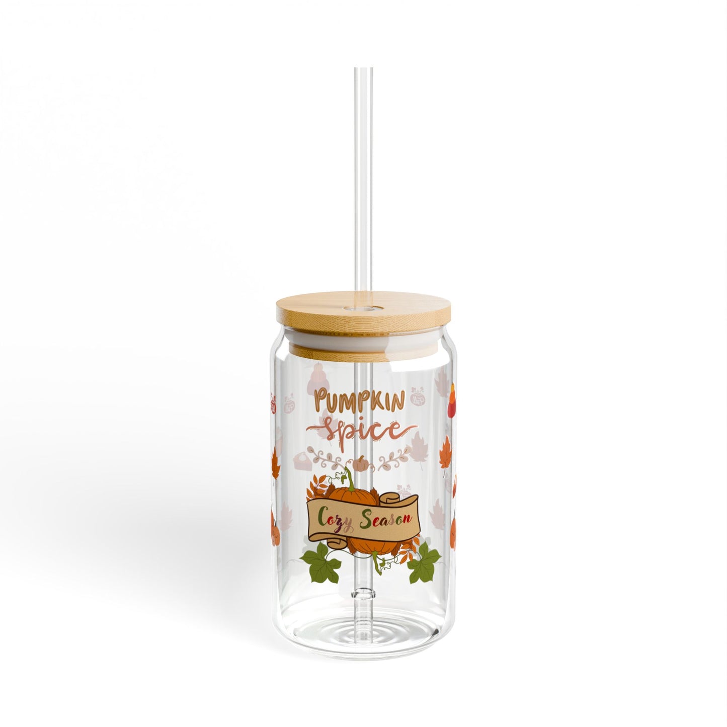 Cozy Season Pumpkin Spice 16oz Sipper Glass with Bamboo Lid and Straw