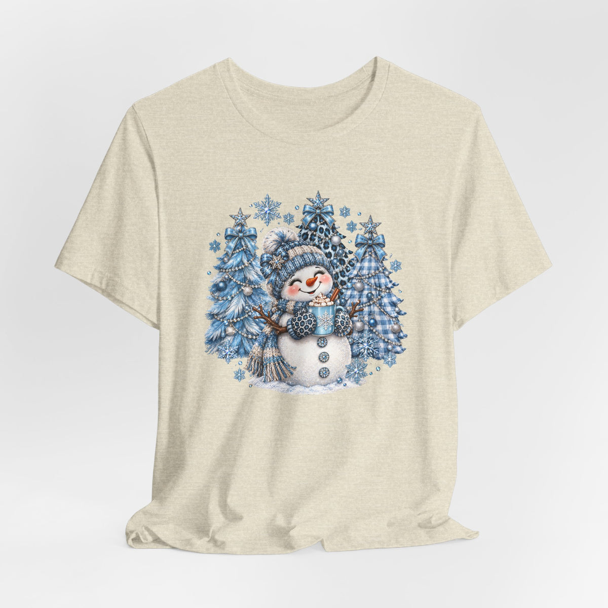 Cozy Blue Christmas Snowman TEE – Hot Cocoa, Leopard & Gingham Winter Trees