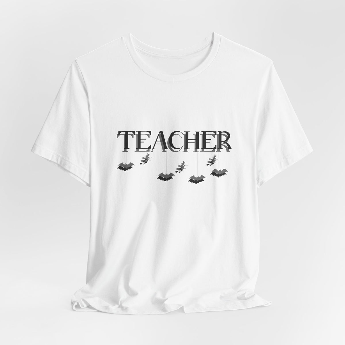 Tee - Teacher Halloween Shirt | Spooky Teacher Tee | Witch & Bat Teacher Graphic | Black and Gray Halloween Teacher T-Shirt