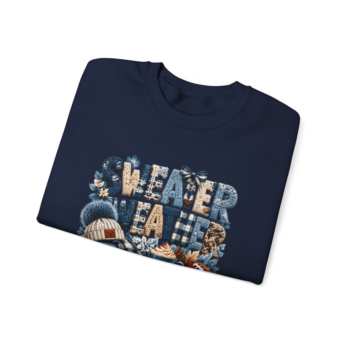 Blue Sweater Weather Shirt – Crochet Knit Fall Graphic Tee, Leopard Print Pumpkin & Coffee Design