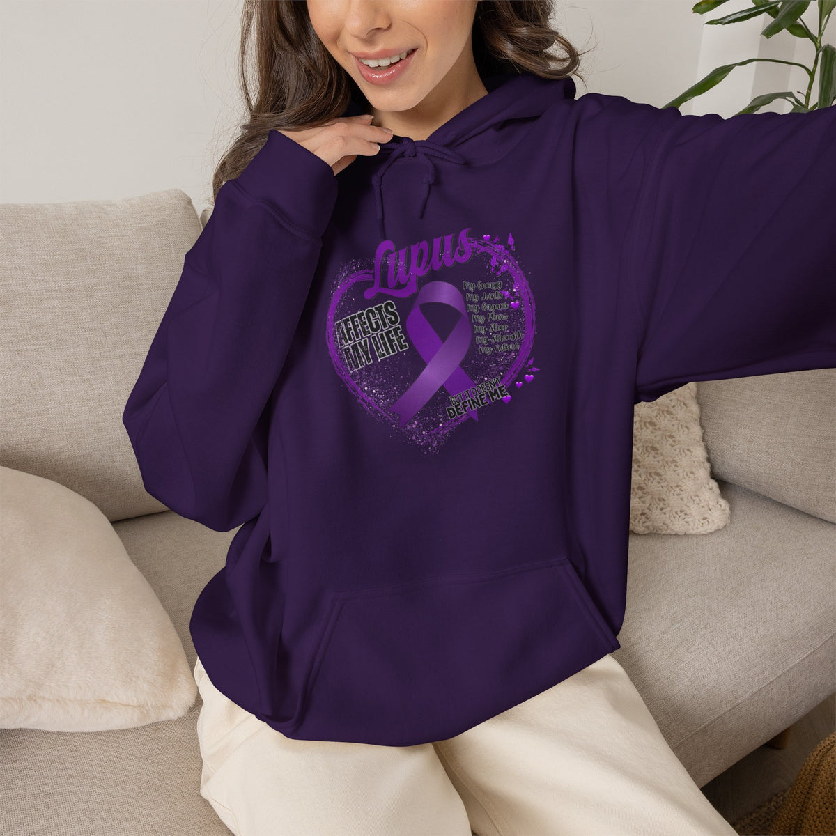 Lupus Awareness Hoodie — Purple Ribbon Heart "Affects My Life"