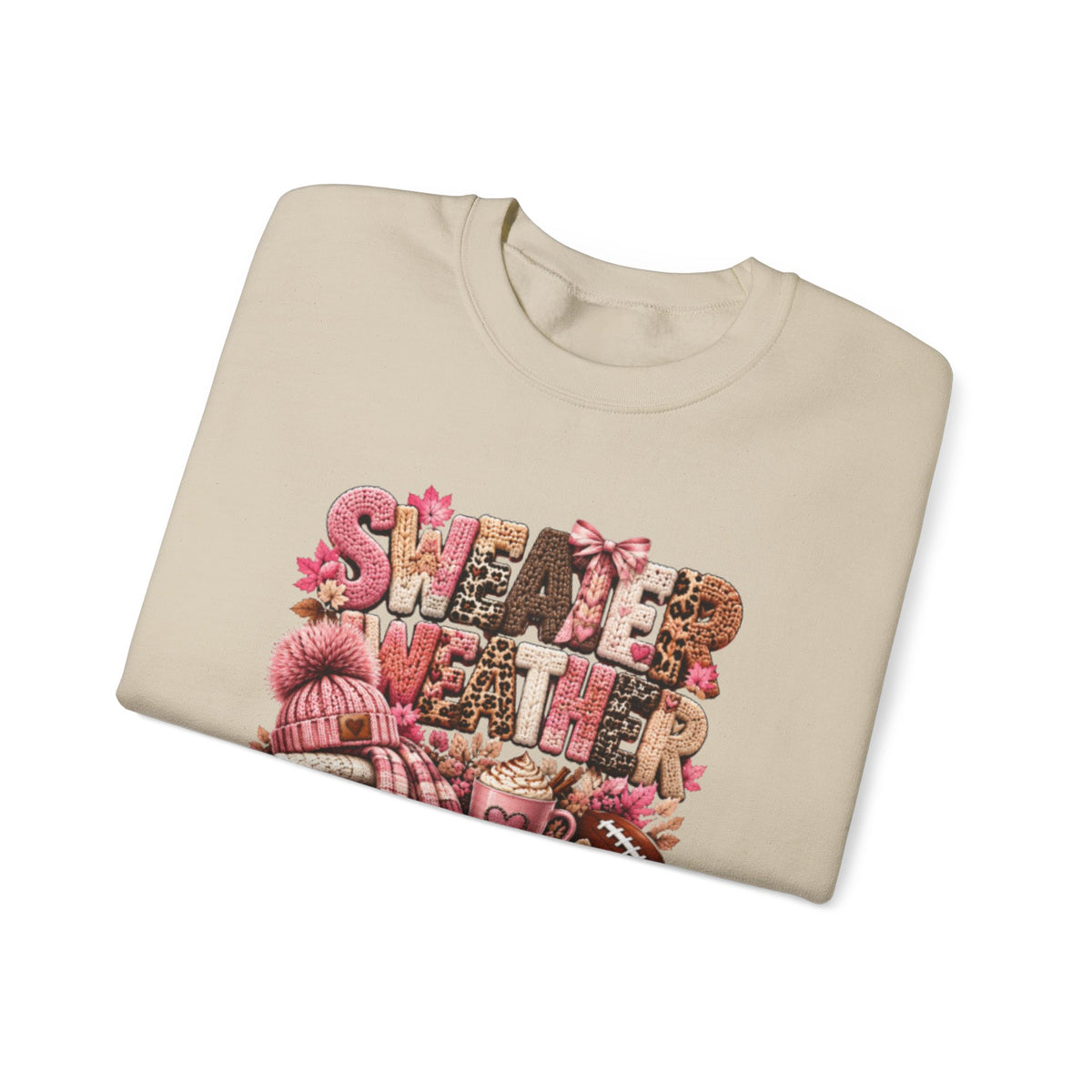 Pink Sweater Weather Shirt – Crochet Knit Fall Graphic Tee, Leopard Print Pumpkin & Coffee Design