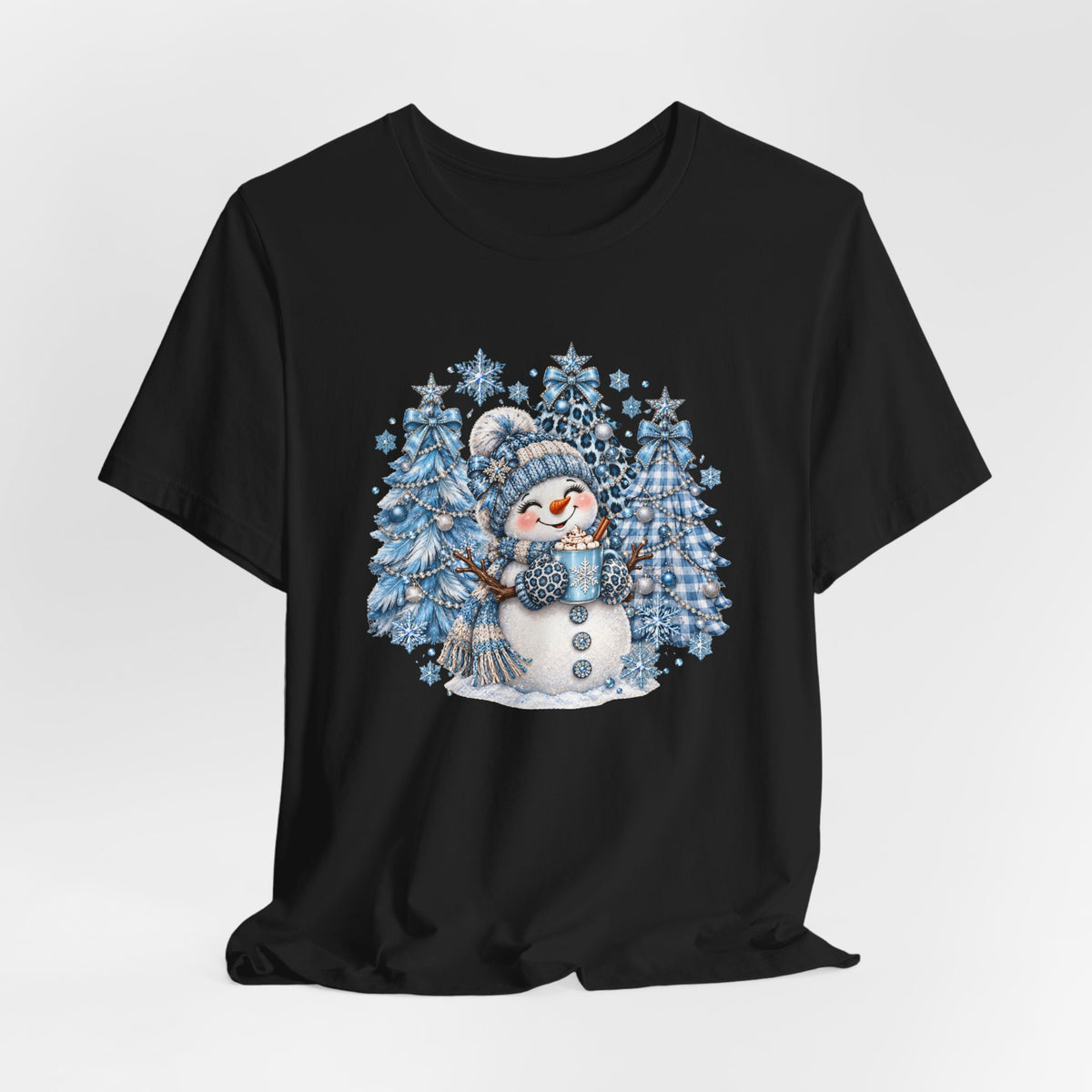 Cozy Blue Christmas Snowman TEE – Hot Cocoa, Leopard & Gingham Winter Trees