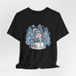 Cozy Blue Christmas Snowman TEE – Hot Cocoa, Leopard & Gingham Winter Trees