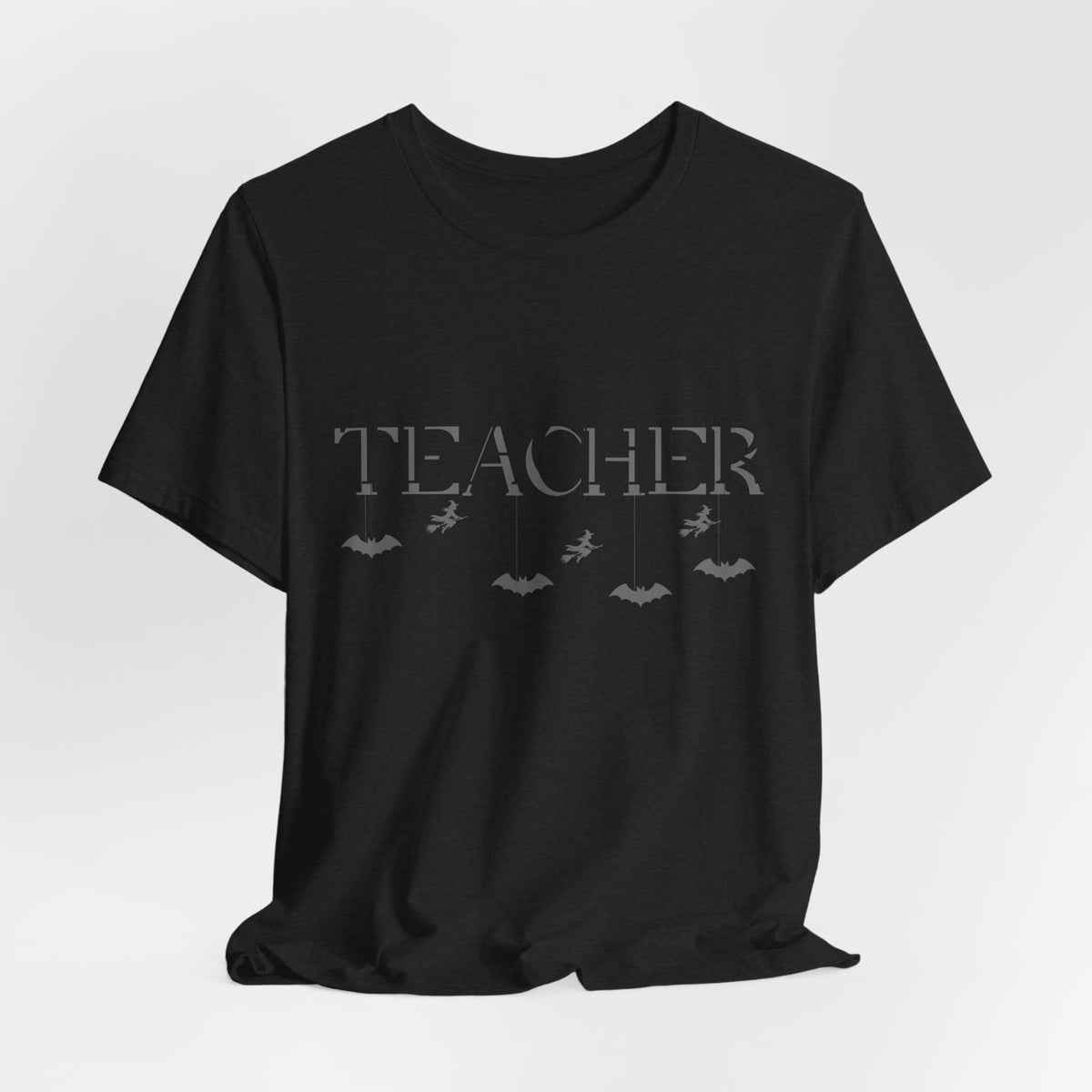 Teacher Halloween Shirt | Spooky Teacher Tee | Witch & Bat Teacher Graphic | Black and Gray Halloween Teacher T-Shirt