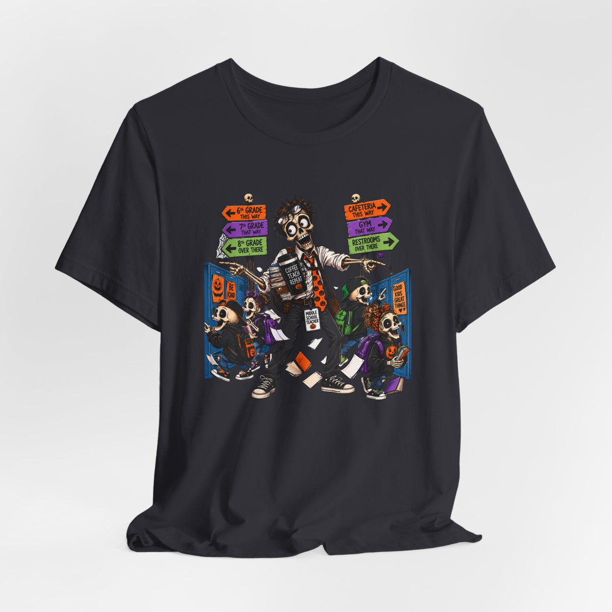 Male Middle School Teacher Halloween Skeleton Shirt – Coffee Teach Repeat Classroom Chaos Tee