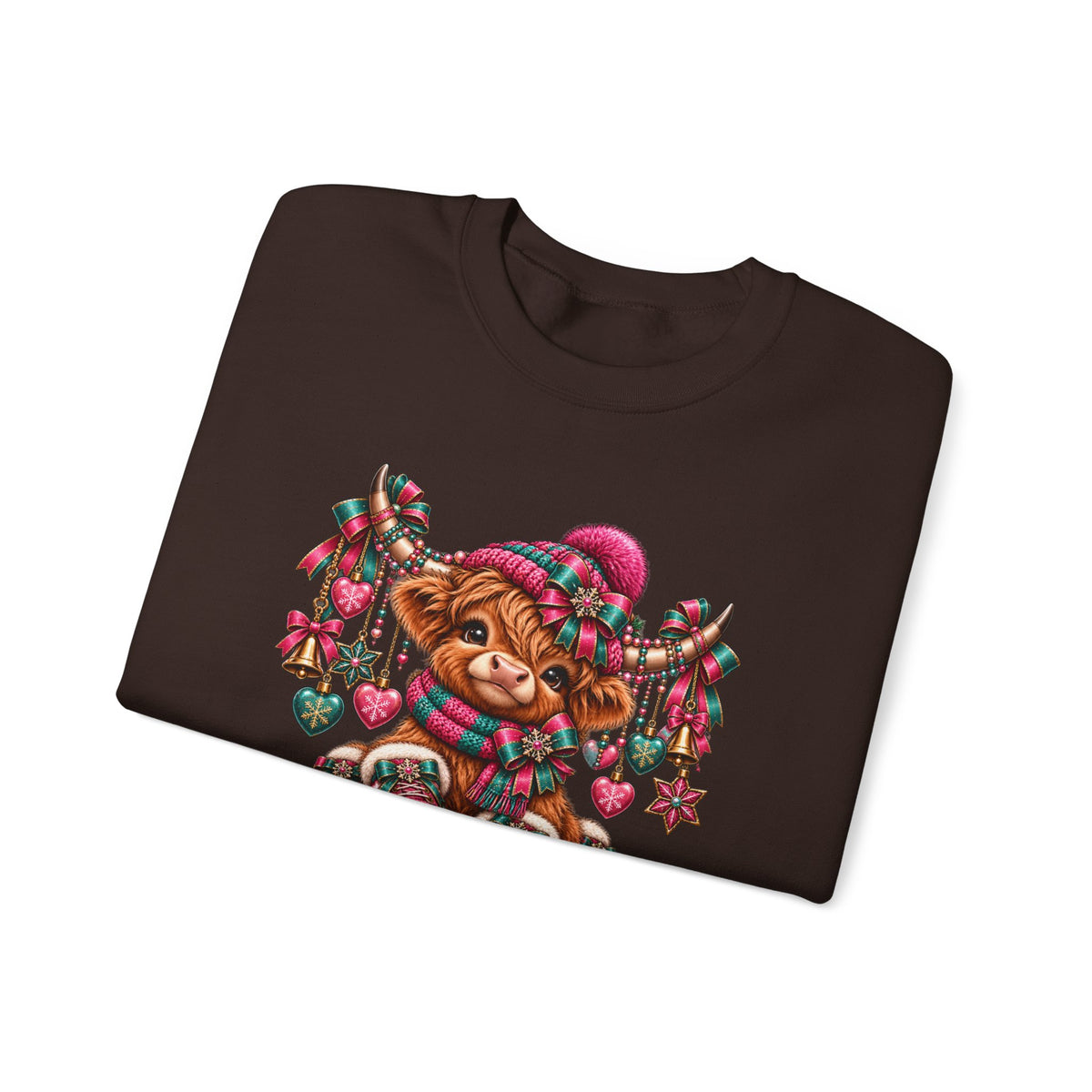 Holiday Highland Cow Crewneck Sweatshirt — "Happy Happy Holiday" Cozy Christmas Sweater