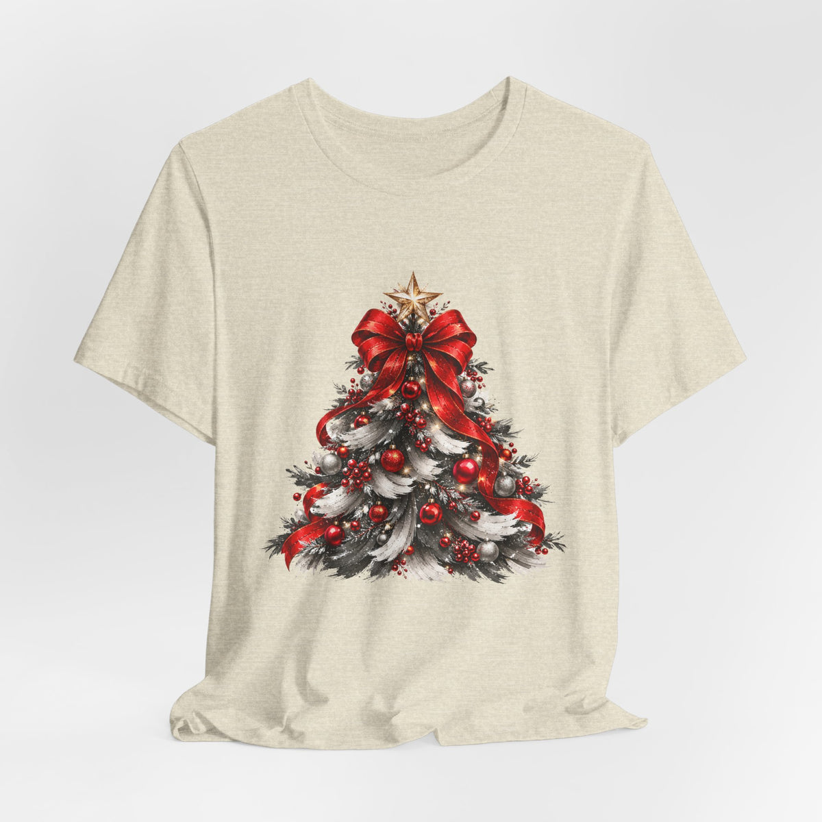 Festive Christmas Tree Sweatshirt – Red Bow & Ornament Holiday Crewneck