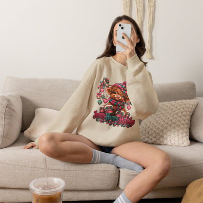 Holiday Highland Cow Crewneck Sweatshirt — "Happy Happy Holiday" Cozy Christmas Sweater