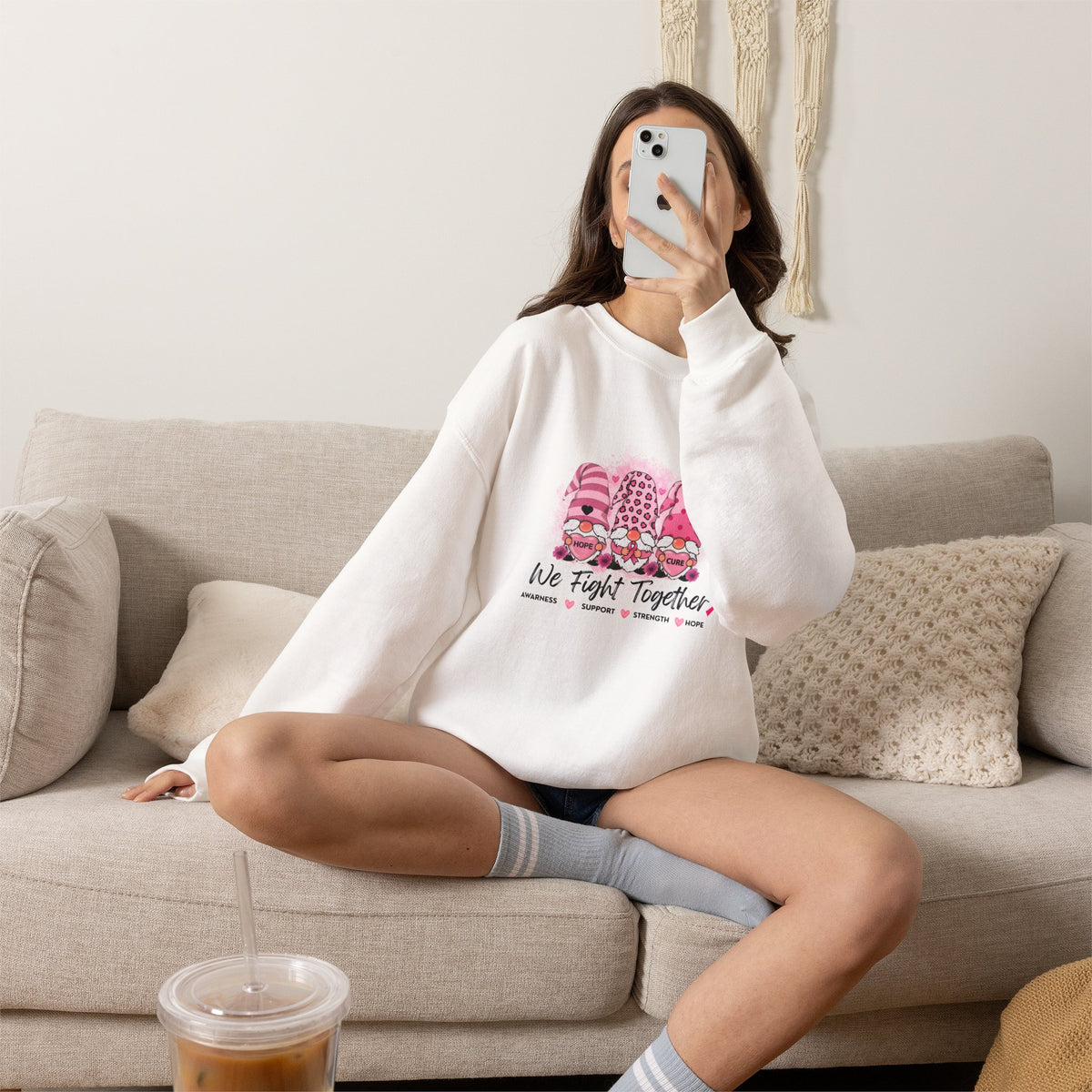 Breast Cancer Awareness Gnomes Crewneck Sweatshirt – 'We Fight Together' Pink Ribbon Design
