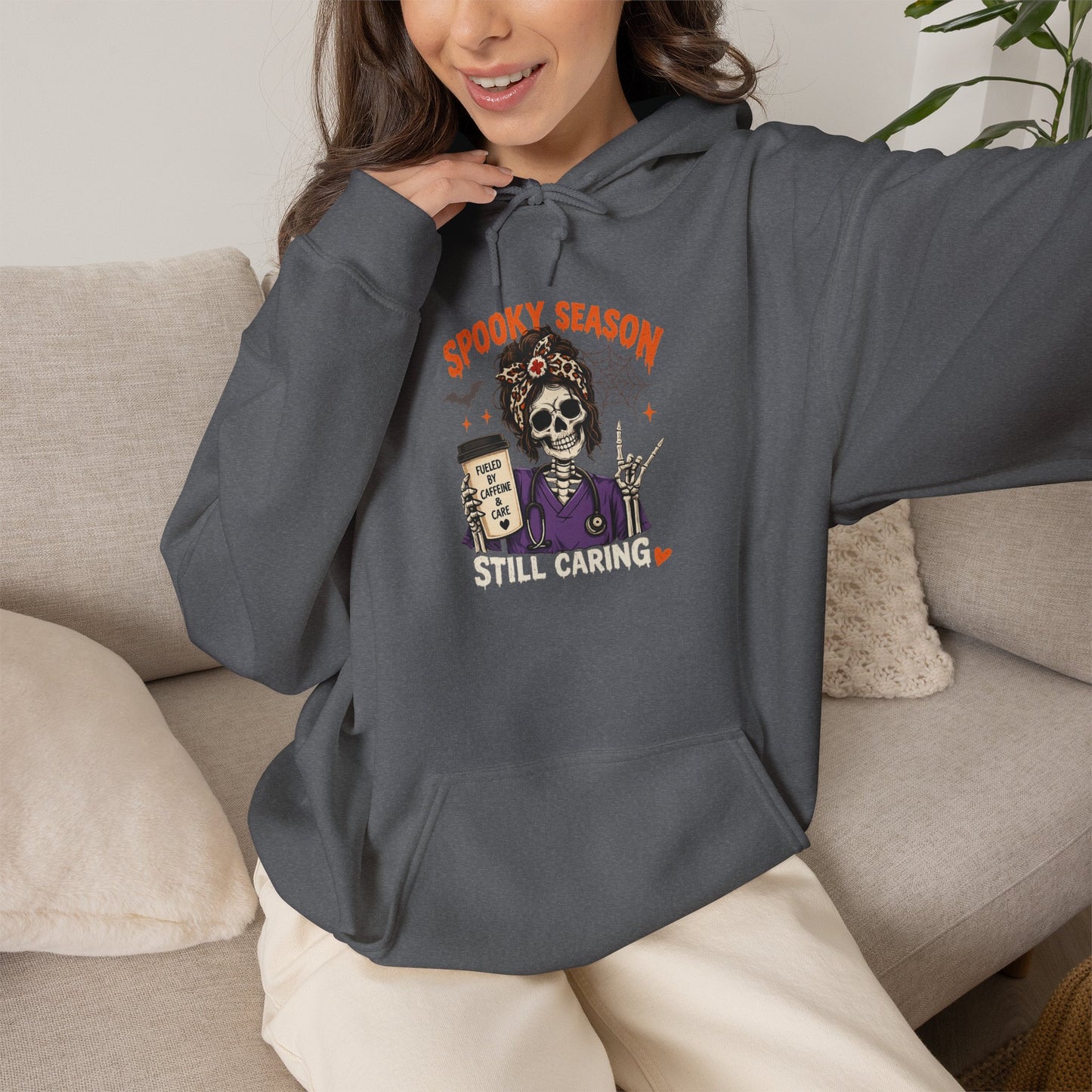 Halloween Nurse Sweatshirt – Spooky Season Still Caring Skeleton Nurse Crewneck – Caffeine & Care Healthcare Halloween Sweater
