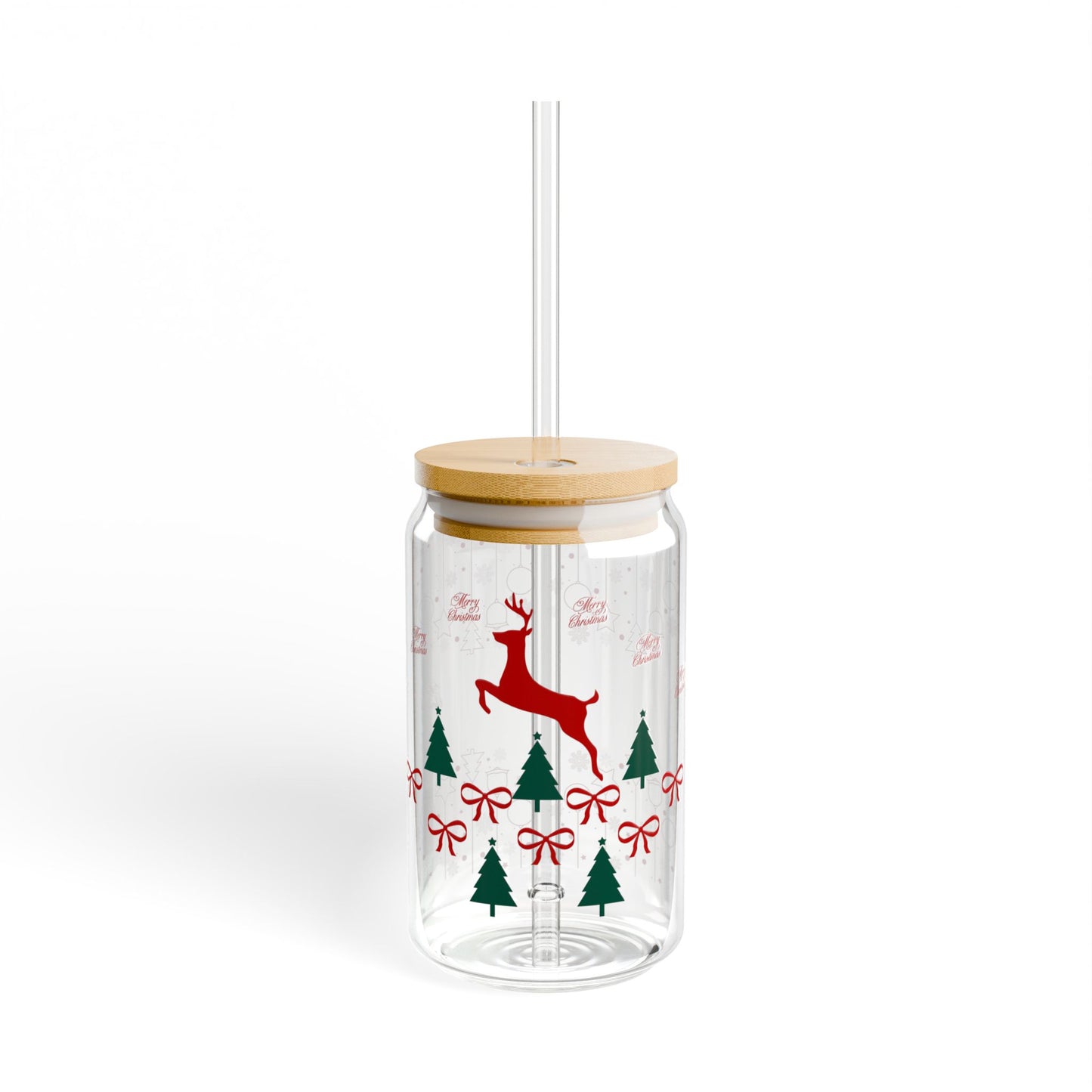 Festive Reindeer Holiday 16oz Sipper Glass,  Red Ribbons, Green Christmas Trees, and Bamboo Lid, Perfect Gift for the Holidays